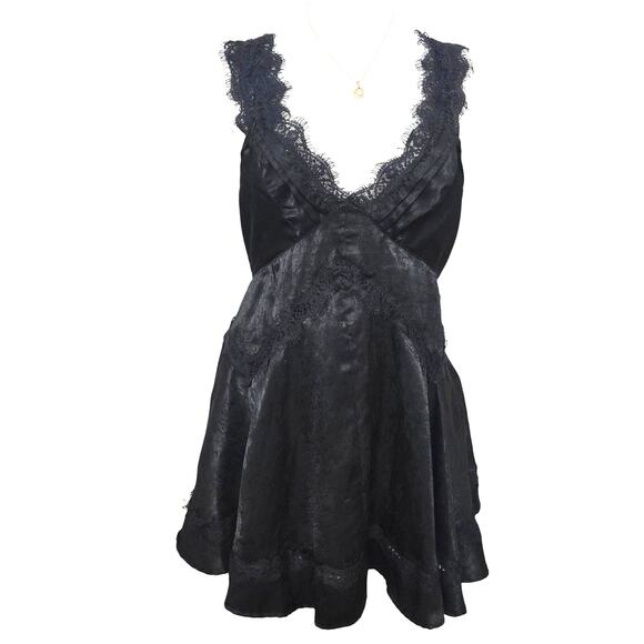 Urban Outfitters Whimsigoth Coquette Black Satin & Lace Babydoll Mini Dress M - Picture 1 of 12